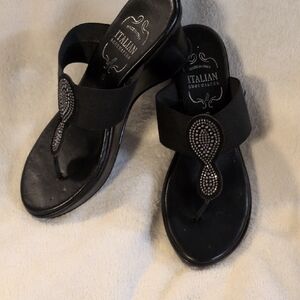 Italian Shoemakers Black Jeweled Wedge Thong Sandals